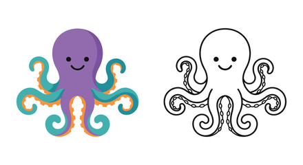 Cartoon octopus illustration with colored and line art versions on white background © Jenia