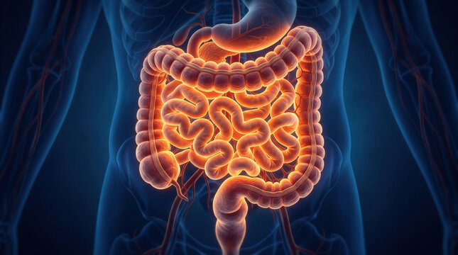 Digital human digestive system representation highlighting internal organs in glowing orange tones for scientific medical display.