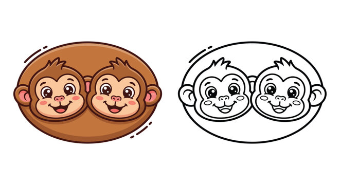 Two monkey faces illustration with color and line art versions on white