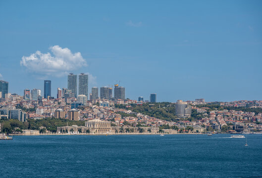 Istanbul,turkey,august 3, 2025. Istanbul skyline with dolmabahce palace and modern skyscrapers lining the bosphorus waterfront under a clear blue sky
