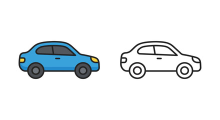 Naklejka premium Two car illustrations one colored and one line drawing on a white background