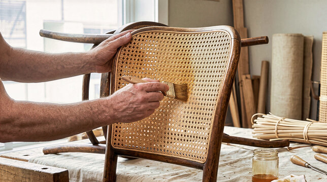 Artisan hands brushing honey stain onto woven cane chair backrest during furniture restoration. Skilled craftsman refinishing vintage wooden chair in bright professional woodworking workshop