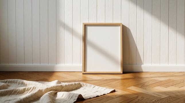 Empty wooden frame leans on white paneled wall near beige blanket on polished floor. Natural light casts shadows creating minimalist scene. Space for text or art.