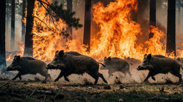 Wild boars run fast through forest during wildfire. Group of pigs escape intense flames, smoke in woods. Animals flee danger, heat of burning trees. Nature disaster causes panic, destruction in wild