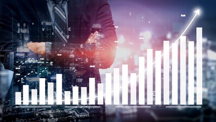 A businessman analyzes financial growth using data visualization against a backdrop of a vibrant...