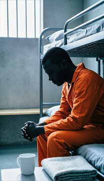 Vertical portrait of a Black male prisoner in an orange uniform sitting on a bunk bed. Inmate with bowed head and clasped hands in cell