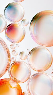 Round orbs of oil drift in water, shifting colors as they float gently on a white surface with clear space around them.