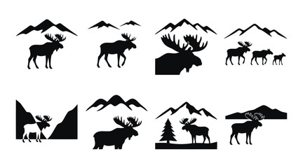 Fototapeta premium Set of black and white moose silhouettes, featuring various poses with mountain landscapes, pine trees, and wilderness scenery