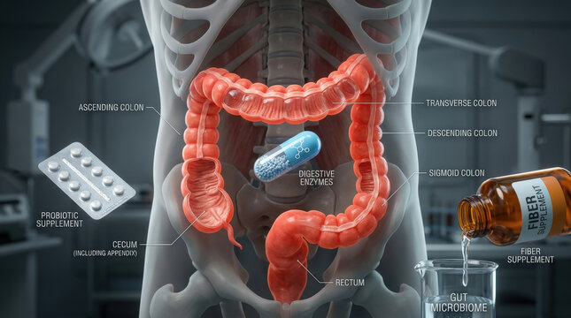 Human digestive system anatomy diagram including digestive enzymes probiotic supplement and fiber for gut health maintenance goal.