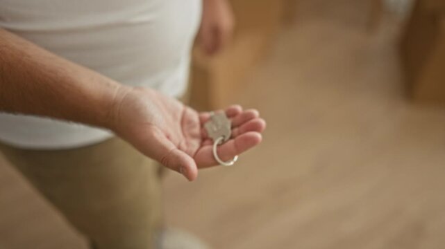 Man palms up holding a house key and keyring, presenting it over a wooden floor inside a residential building; anticipation moving day.