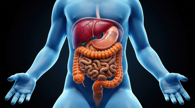 Human digestive system anatomy featuring colorful organs within blue silhouette body for medical study and health education projects.