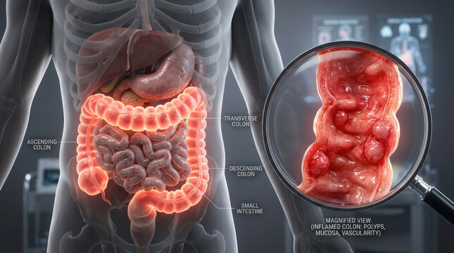 Human digestive system anatomy focus on inflamed colon with polyps magnification view medical diagnostic health information chart.