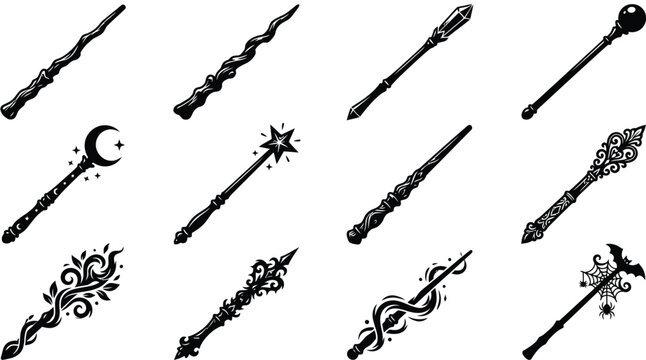 Set of hand drawn magic wands for halloween design elements isolated on a white background