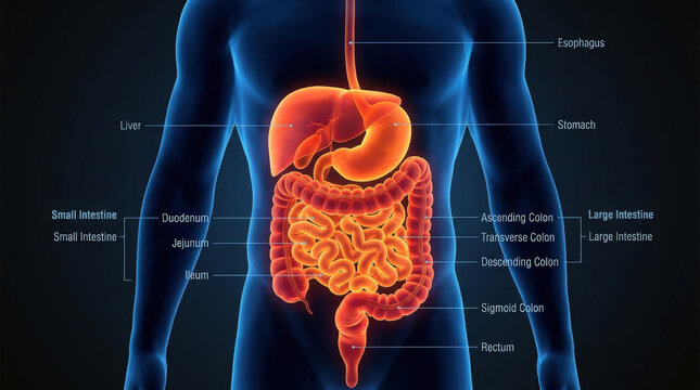 Human digestive system anatomy illustration with labels highlighting esophagus stomach liver small intestine and large colon.