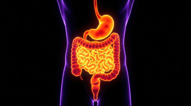 Human digestive system anatomy model featuring glowing orange stomach intestines and colon structure for medical educational use.