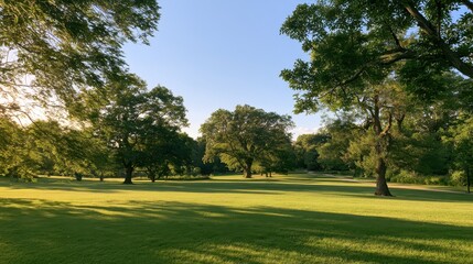 Fototapeta premium Peaceful park landscape: expansive green field under a blue sky