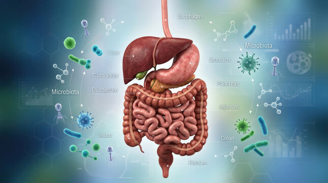 Human digestive system anatomy with microbiome bacteria symbols for scientific research on gut health and probiotic food studies.