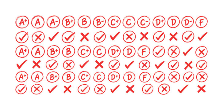 Hand-drawn red school grading marks and checkmarks pattern on white background