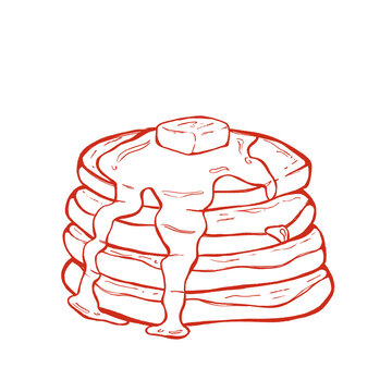 Hand drawn outline sketch breakfast pancake with syrup illustration