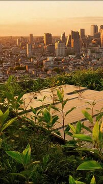 Rooftop garden vegetation overlooking modern city skyline at sunset in this beautiful nature animation video footage