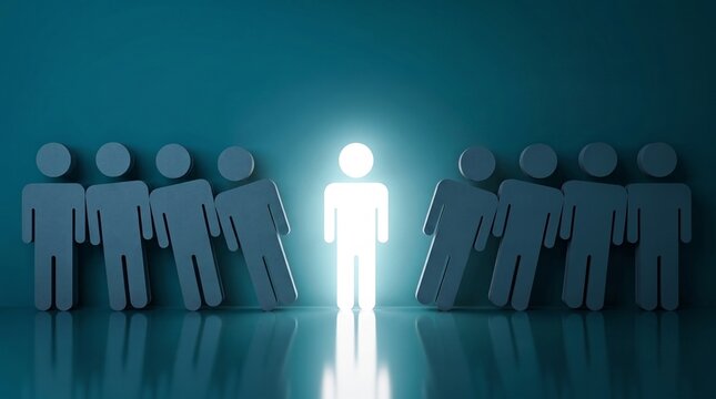 A single glowing white human figure standing upright between two rows of falling grey human silhouettes