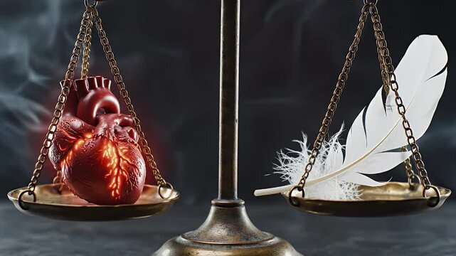 Antique two-pan balance scale weighed down by a red anatomical heart against a white feather under smoky lighting