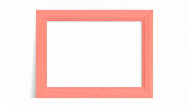Coral pink wooden picture frame mockup with a horizontal rectangular shape and subtle shadow, isolated on a white background for creative design, art presentation, and photo templates.