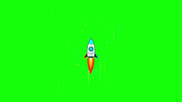 Animated cartoon rocket flying upward against a vibrant green screen background