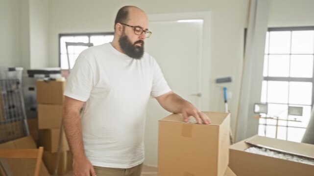 Man with beard and glasses rests hand on a cardboard box while packing in a cluttered apartment room inside a building; moving day relief.