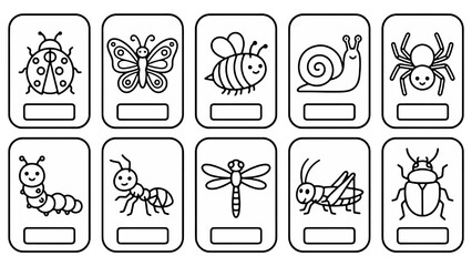Fototapeta premium Spring garden insects bold outline flashcard set for kids coloring books