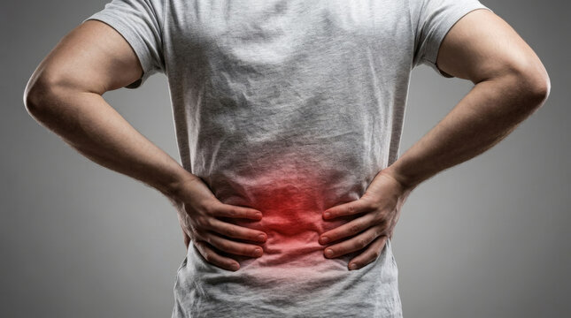 Mature male suffering from intense back pain highlighted in red for spinal health and medical orthopedic assessment visual aid.
