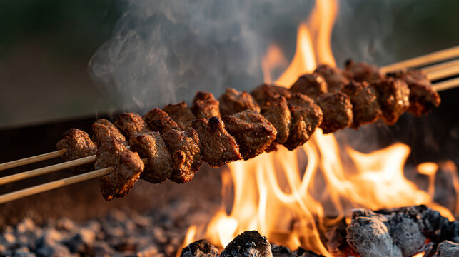Traditional shish kebab skewers grilling over glowing charcoal, aromatic smoke and golden firelight, rustic outdoor cooking, grilled meat, barbecue cuisine, with copy space