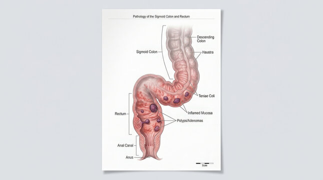 Medical illustration of sigmoid colon and rectum pathology showing inflamed mucosa with polyps for gastroenterology studies.