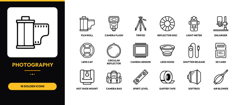 Photography equipment outline icons set covering professional cameras accessories and studio production tools.