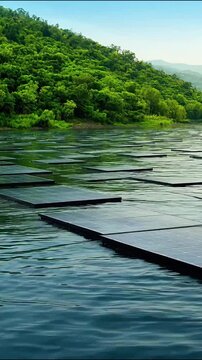 Floating solar panels moving gently across calm blue lake water in serene nature animation video footage