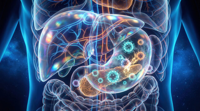 Abdominal organ anatomy with viral pathogens attacking stomach and liver for medical research and digital health visualization.
