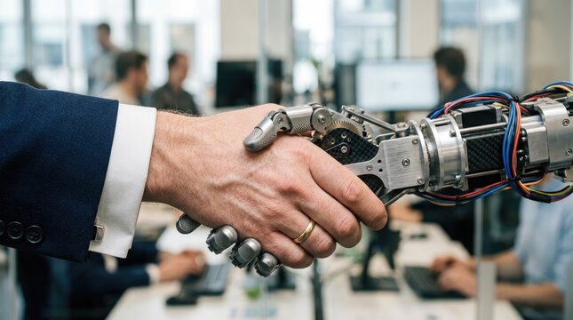 A business person in a suit shaking hands with a high tech robotic arm in a modern office