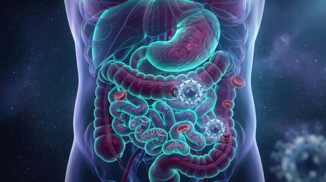 Abstract human digestive system illustration with viruses and gut flora highlighting medical health research and microbiome study.