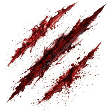 Three deep red bloody claw marks or scratches isolated on transparent background