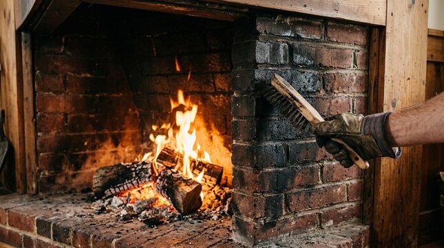 Gloved hand scrubbing soot from brick fireplace with stiff brush while flames burn on logs, interior hearth cleaning scene, rustic masonry detail