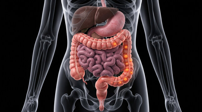 Anatomic visualization of human digestive system highlighting localized inflammation in descending colon with visible red markers.
