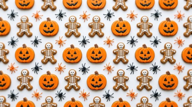 Halloween pattern of skeleton gingerbread men, pumpkins and spiders isolated on white background