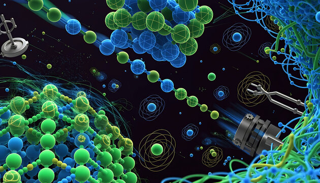 Complex quantum computing with interconnected blue and green atomic structures for advanced scientific research and material design.
