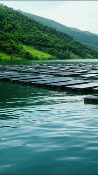 Floating fish farming cages moving gently across blue lake water surface in this calm nature video