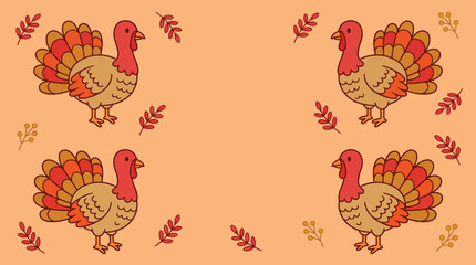 Naklejka premium A festive thanksgiving background featuring cute hand drawn turkey illustrations on a soft orange autumn colored backdrop