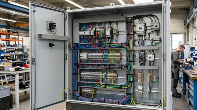 Open electrical cabinet displaying meticulously organized color-coded wiring harness, terminal blocks, relays, and circuit breakers inside industrial workshop with technician working in background