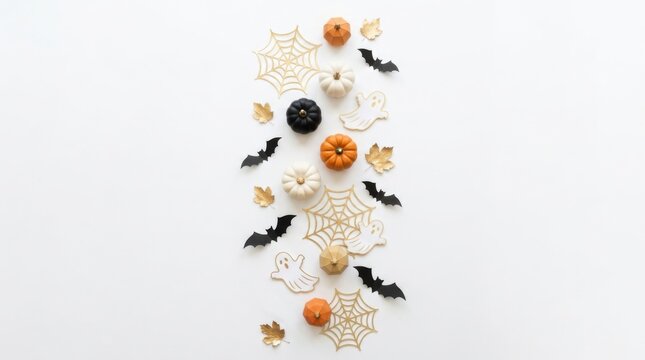 Halloween flat lay with pumpkins, bats, ghosts, and spider webs isolated on white background