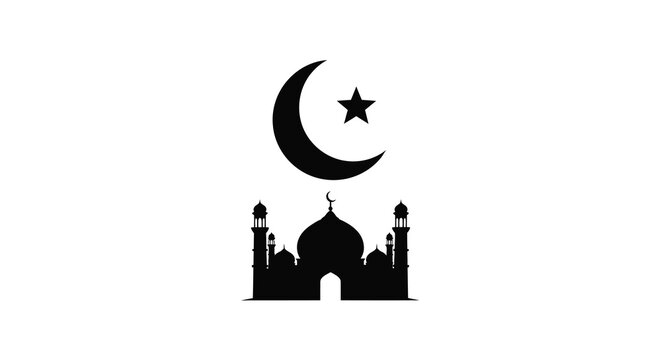 Mosque and crescent moon with star black silhouette