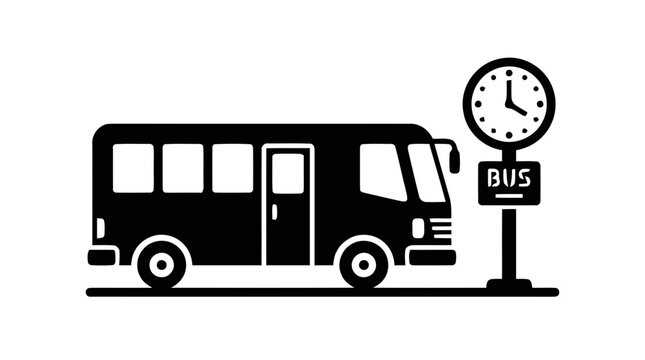 Vector illustration of bus at stop with clock icon on a transparent background
