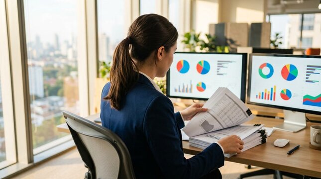 Over-the-shoulder view of focused businesswoman in navy blazer analyzing pie charts and financial reports at sunlit office desk with dual monitors displaying colorful data analytics